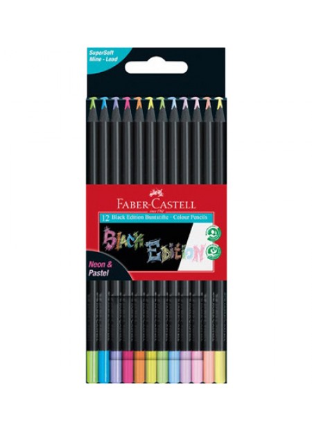 Creioane colorate pastel si neon, 12 buc/set, FABER-CASTELL Black Edition, FC116410