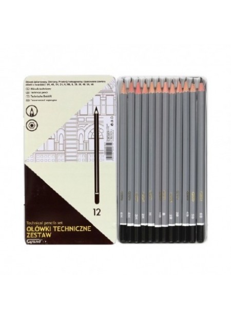 Creion grafit Grand 160-1619, B-6B / HB-6H, corp hexagonal gri, fara guma de sters, set 12 buc