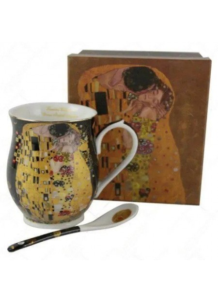 Cana portelan cu lingurita 10 CM, Gustav Klimt „Sarutul”,Negru